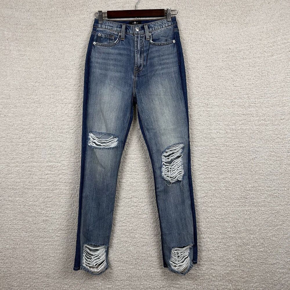 7 For All Mankind Jeans Womens 25 Blue Ripped High Waist Ankle Straight Leg